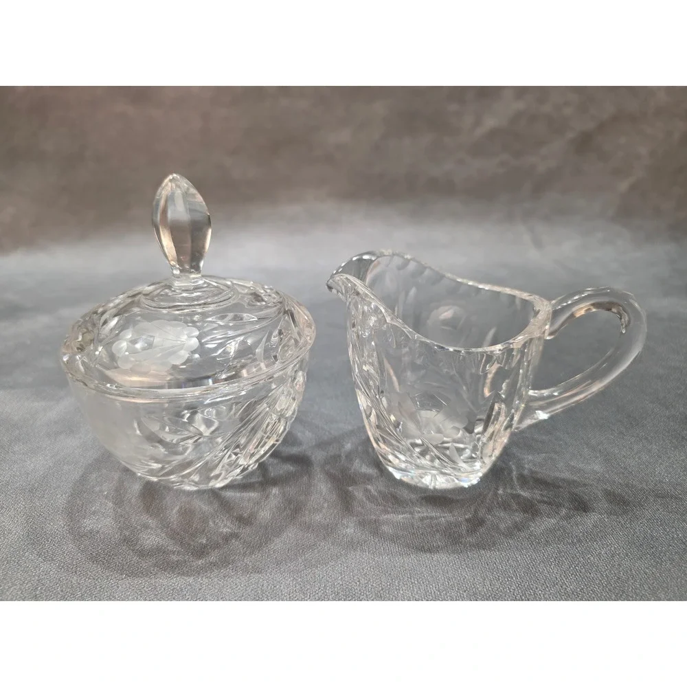 Vintage Etched Rose Crystal Creamer and Lidded Sugar‎ Bowl Set Cut Glass Clear